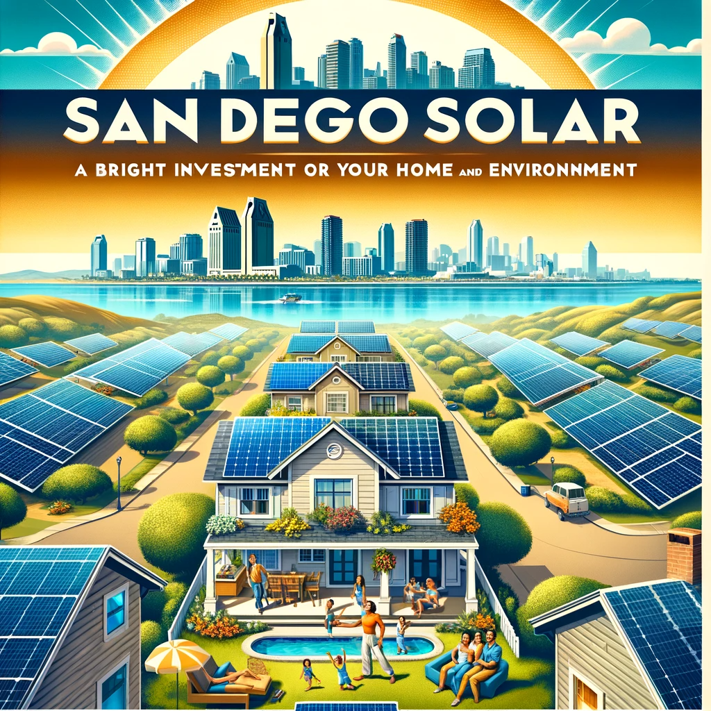 Advertising poster showcasing solar panels in San Diego residential areas, titled 'San Diego Solar: A Bright Investment for Your Home and Environment'.